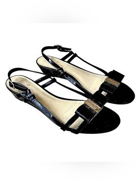 KATE SPADE Black Patent Leather Slingback Wedge Sandals w/ Logo Bow